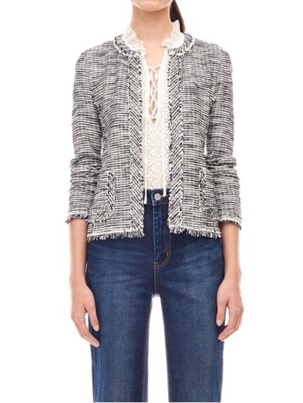 Rebecca Taylor Black & White Tweed Frayed-Edge Open Jacket
